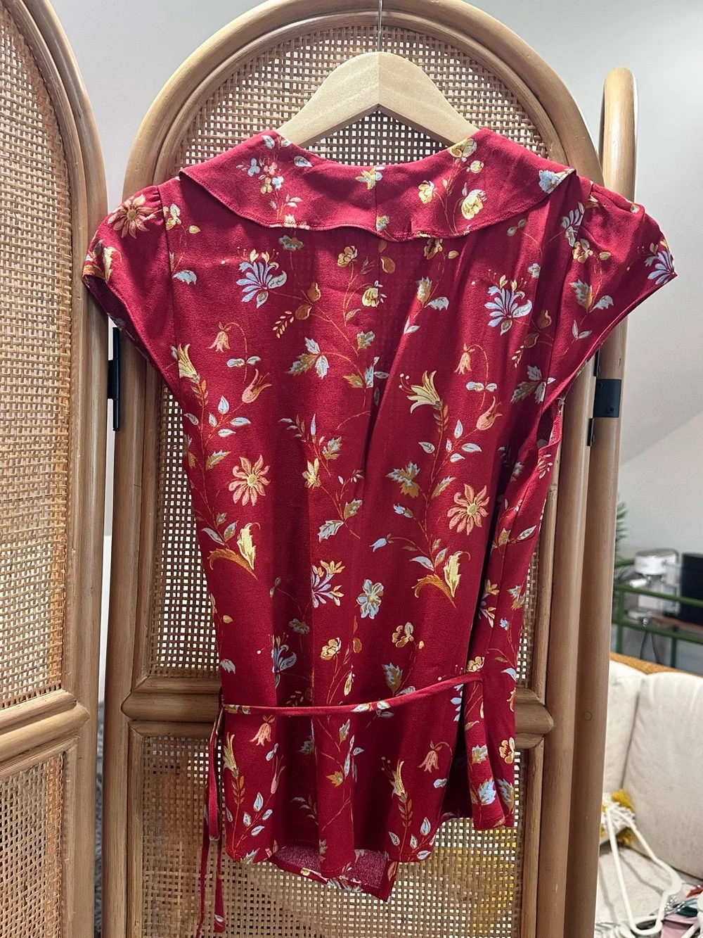 Reformation Red Floral Tie-Waist Wrap Top